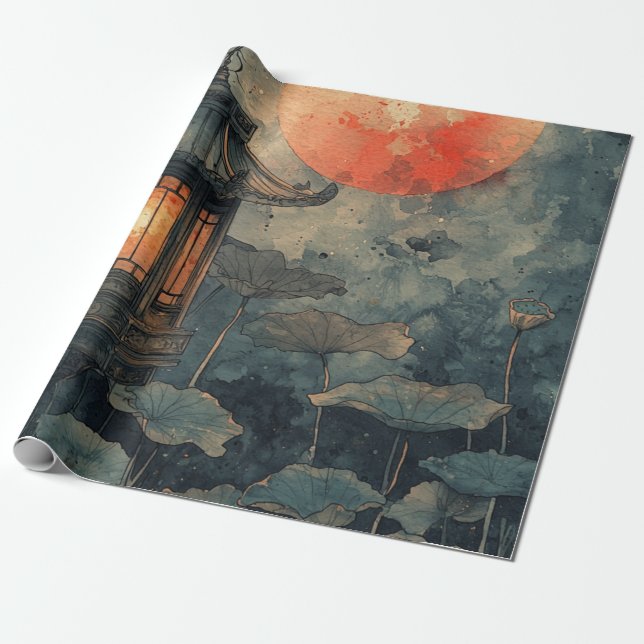 Papel De Presente Lanterna de Lótus ao Luar em Aquarela (Desenrolado)
