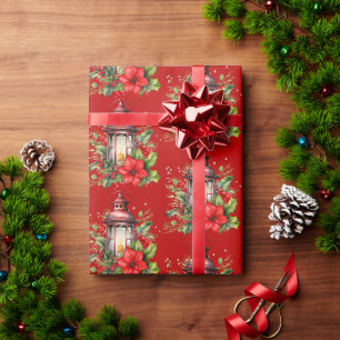 Papel De Presente Lanterna de Natal Vermelho Poinsettia e Pinheiros