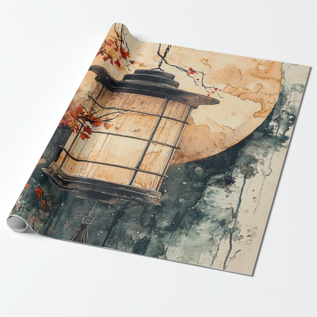 Papel De Presente Lanterna Iluminada ao Luar Sumi-E Aquarela (2) (Desenrolado)