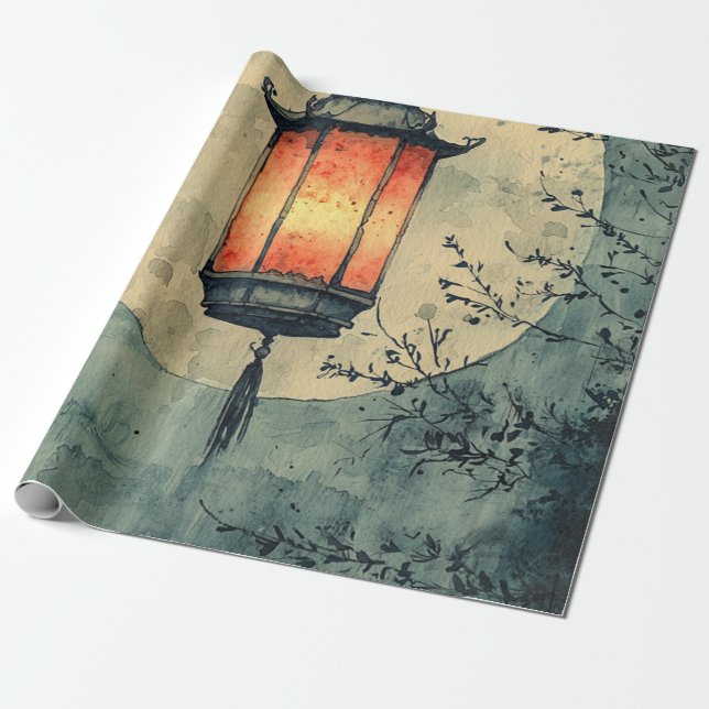 Papel De Presente Lanterna Iluminada pelo Luar Sumi-E Aquarela (1) (Desenrolado)