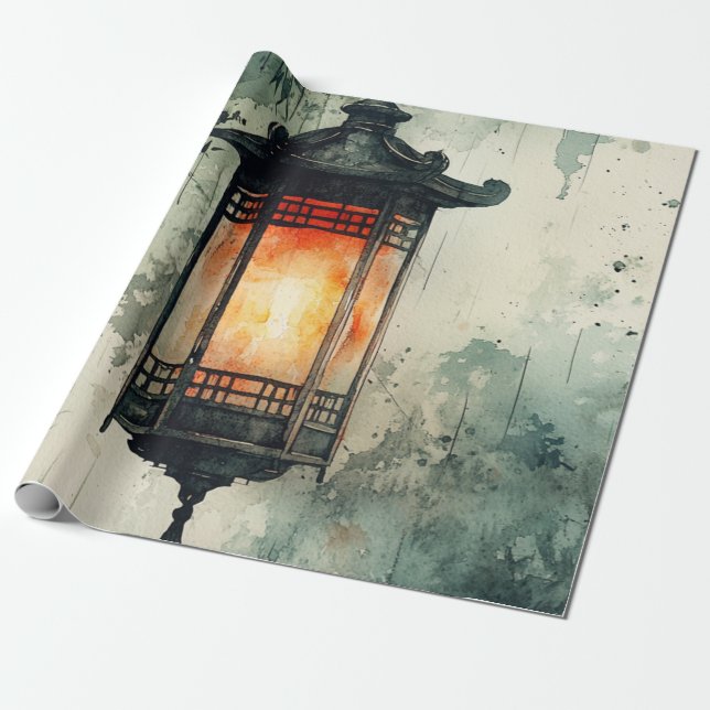 Papel De Presente Lanterna Iluminada pelo Luar Sumi-E Aquarela (3) (Desenrolado)