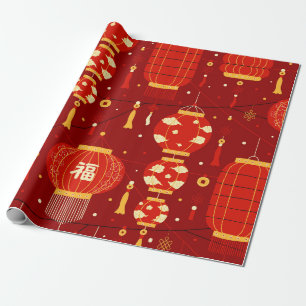 Papel De Presente Lanternas Chinesas Vermelhas e Douradas Ano Novo L