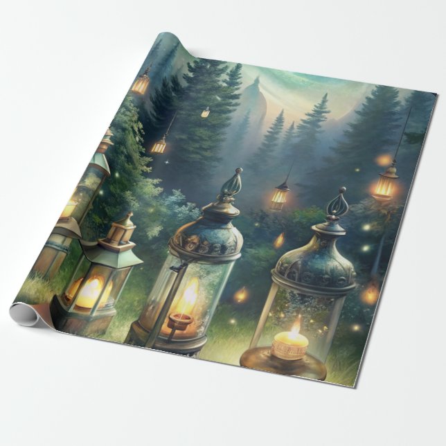Papel De Presente Lanternas da Floresta Encantada sob a Luz do Luar (Desenrolado)