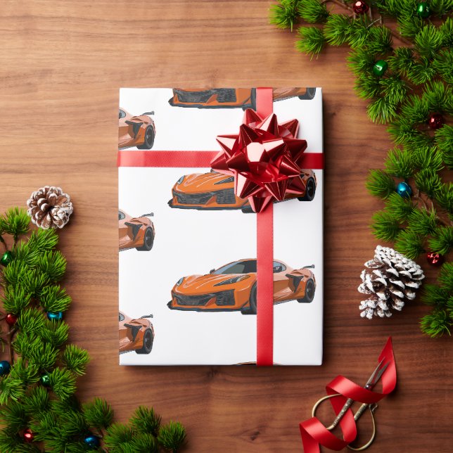 Papel De Presente Laranja C8 Corvette Sports Car Desenhado (Presente de Natal)