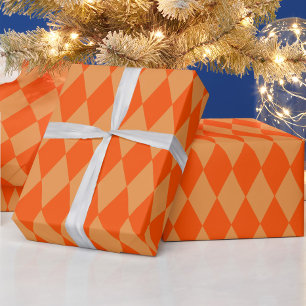 Papel De Presente Laranja Claro e Escuro Harlequin Diamantes Xadrez