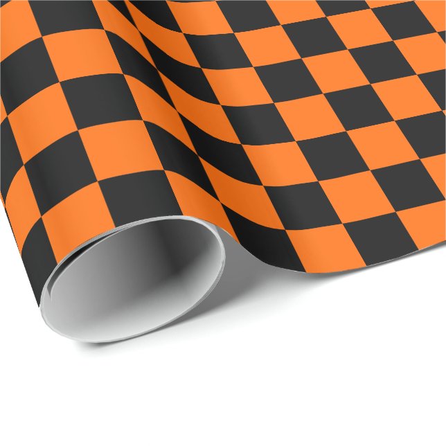 Papel De Presente Laranja de Halloween e Xadrez Preto (Ponta do rolo)