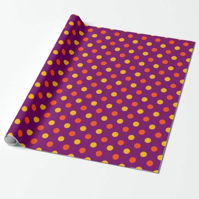 Papel De Presente Laranja e Amarelo Bolinhas Roxas  (Desenrolado)