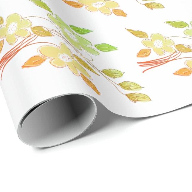 Papel De Presente Laranja e Verde Floral (Ponta do rolo)