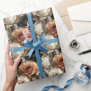 Papel De Presente Laranja Especiaria Dourado Preto Floral Leopardo A