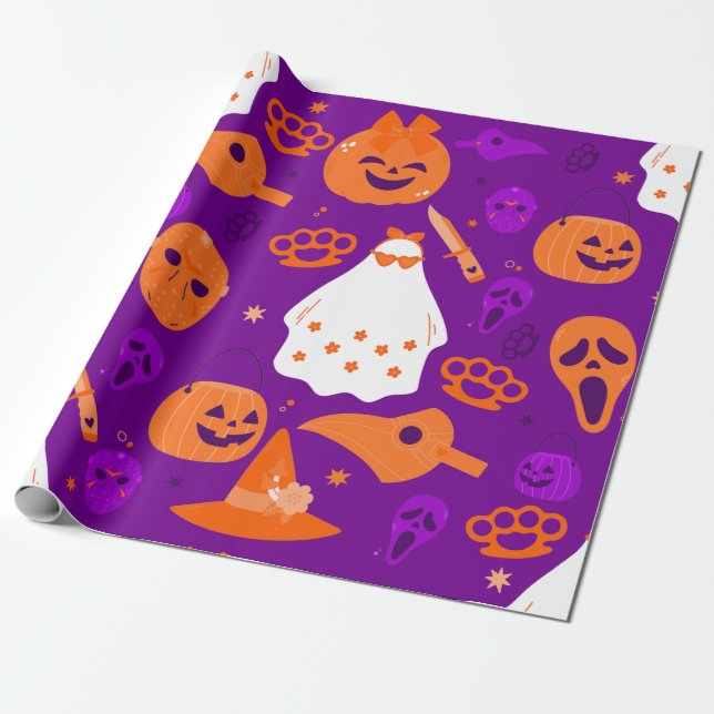 Papel De Presente laranja fantasma floral de halloween fofa (Desenrolado)