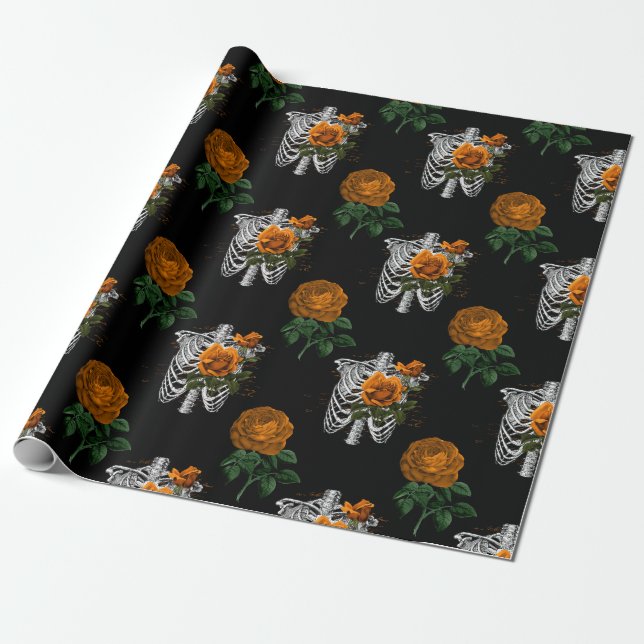 Papel De Presente Laranja Floral Esqueleto Torsos em Preto (Desenrolado)