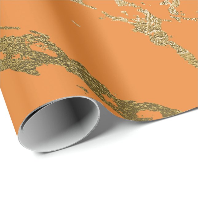 Papel De Presente Laranja Pêssego Dourado Marble Shiny Glam Abstrato (Ponta do rolo)