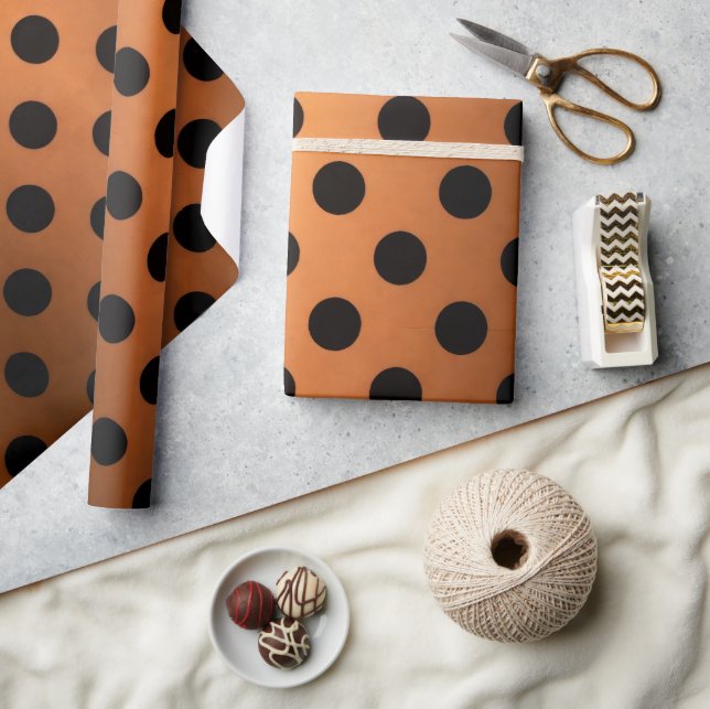 Papel De Presente Laranja Queimada e Bolinhas Pretas (Artesanato)