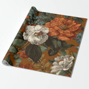 Papel De Presente Laranja Queimado Rústico Verde Botânico Floral Ous