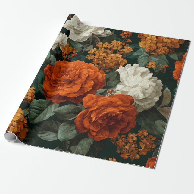 Papel De Presente Laranja Queimado Rústico Verde Botânico Floral Ous (Desenrolado)
