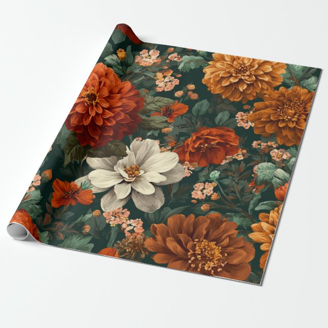 Papel De Presente Laranja Queimado Rústico Verde Botânico Floral Ous (Desenrolado)