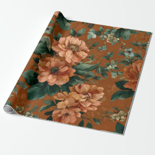 Papel De Presente Laranja Queimado Rústico Verde Botânico Floral Ous