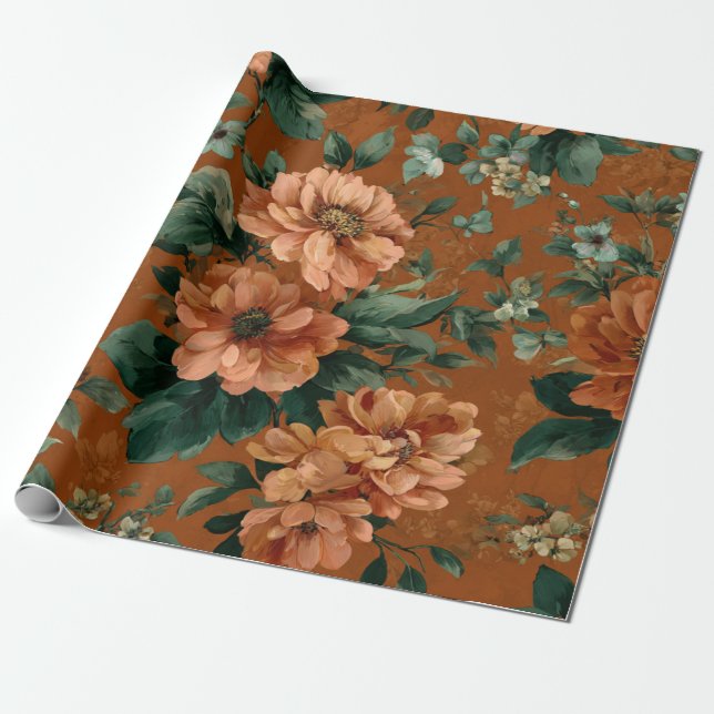 Papel De Presente Laranja Queimado Rústico Verde Botânico Floral Ous (Desenrolado)