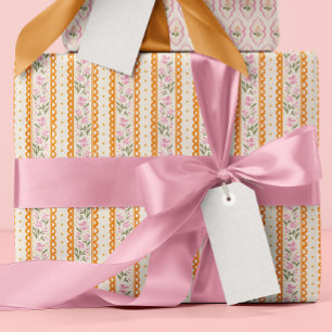 Papel De Presente Laranja Rosa Padrão Floral Delicado Listrado