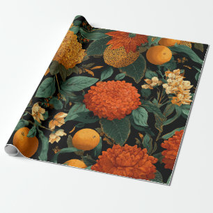 Papel De Presente Laranja Rústico Verde Botânico Floral Ousado Vinta