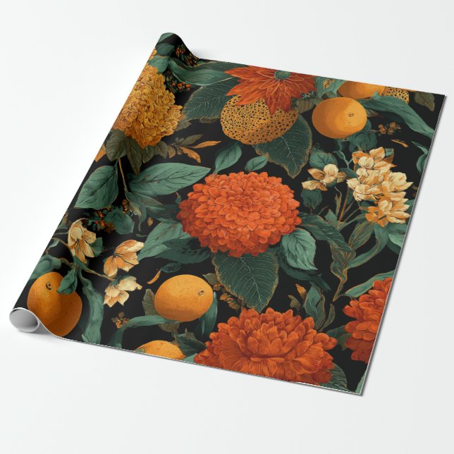 Papel De Presente Laranja Rústico Verde Botânico Floral Ousado Vinta (Desenrolado)