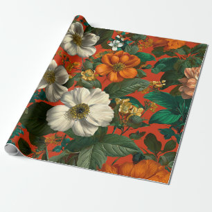 Papel De Presente Laranja Rústico Verde Botânico Floral Ousado Vinta