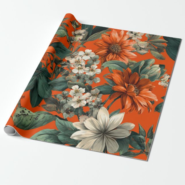 Papel De Presente Laranja Rústico Verde Botânico Floral Ousado Vinta (Desenrolado)