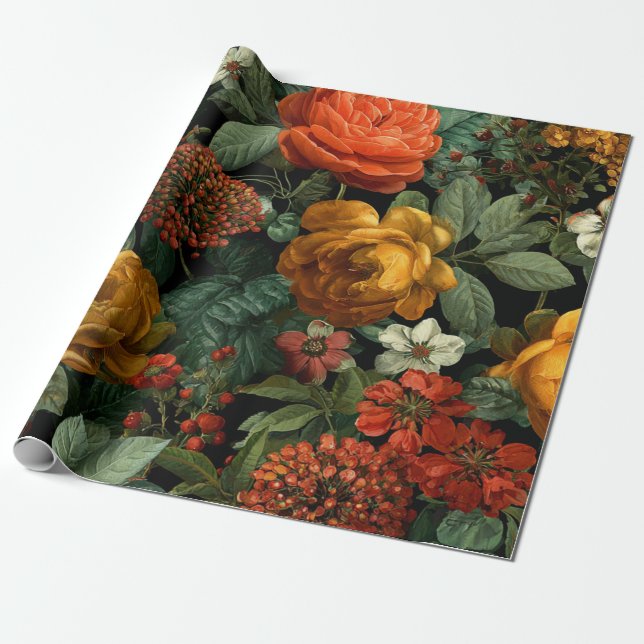 Papel De Presente Laranja Rústico Verde Botânico Floral Ousado Vinta (Desenrolado)