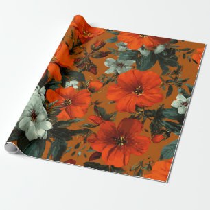 Papel De Presente Laranja Rústico Verde Botânico Floral Ousado Vinta