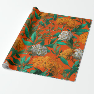 Papel De Presente Laranja Rústico Verde Botânico Floral Ousado Vinta