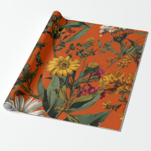 Papel De Presente Laranja Rústico Verde Botânico Floral Ousado Vinta