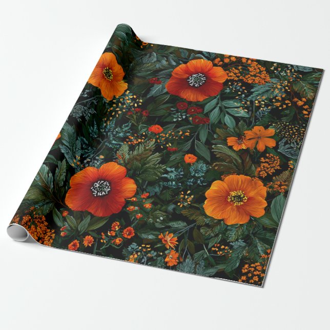 Papel De Presente Laranja Rústico Verde Botânico Ousado Floral Vinta (Desenrolado)
