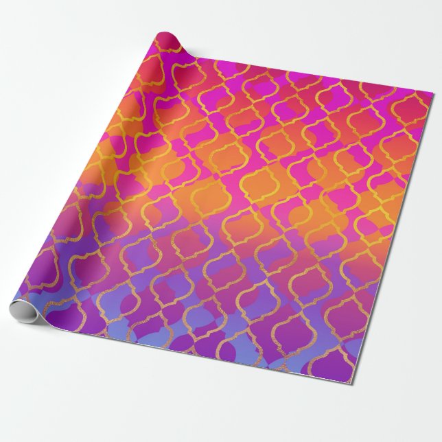 Papel De Presente Laranja Vibrante Brilhante Roxo Fúcsia Trevo de Qu (Desenrolado)