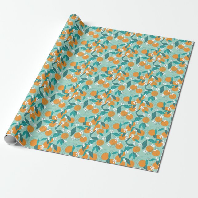 Papel De Presente Laranjas florescentes, folhas, arte safada. (Desenrolado)