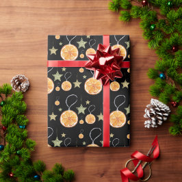 Papel De Presente Laranjas Fofas e Estrelas em Preto de Feriado