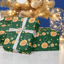Papel De Presente Laranjas Fofas e Estrelas no Verde