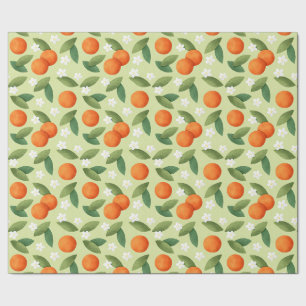 Papel De Presente Laranjas, Folhas Verdes e Flores Brancas