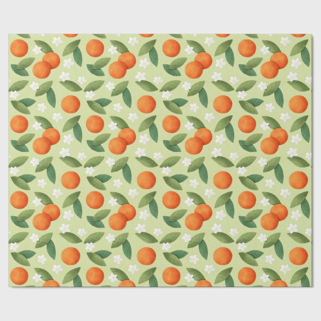 Papel De Presente Laranjas, Folhas Verdes e Flores Brancas (Barra)