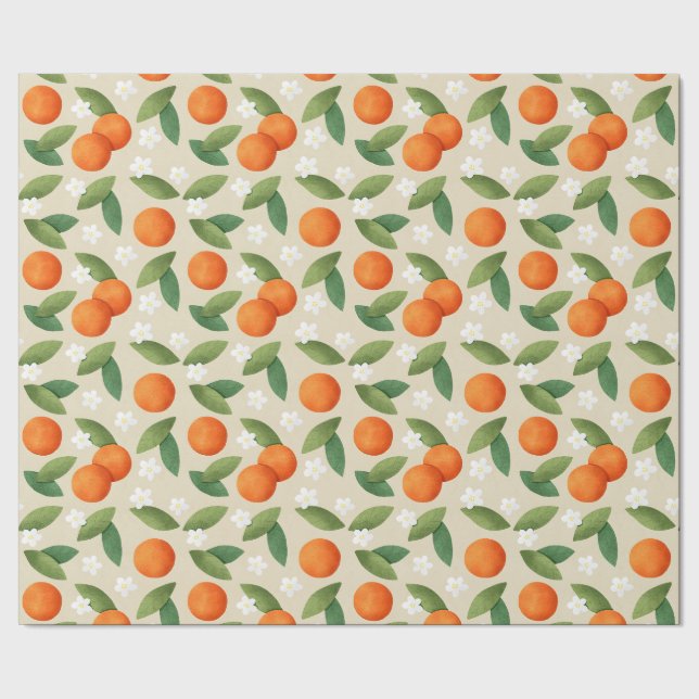 Papel De Presente Laranjas, Folhas Verdes e Flores Brancas (Barra)