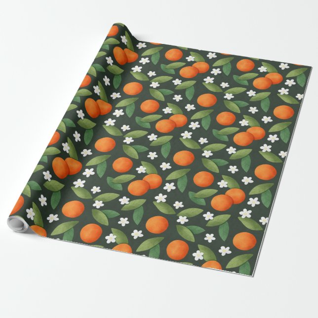 Papel De Presente Laranjas, Folhas Verdes e Flores Brancas (Desenrolado)