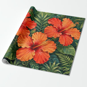 Papel De Presente Laranjas Luxuriantes Hibisco Flores Tropicais da S