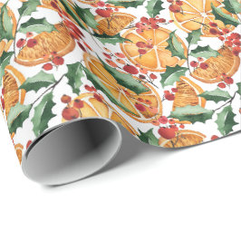 Papel De Presente Laranjas secas e Padrão de Férias de Berries