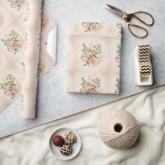 Papel De Presente Lareira Alegre: Aguarela Botânica de Natal Rústico