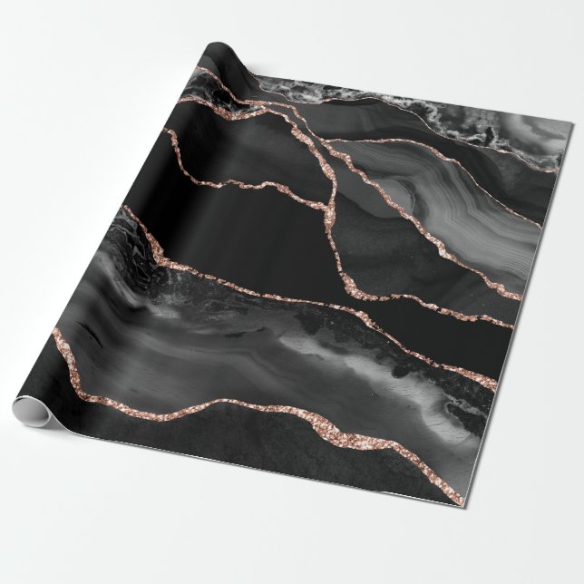 Papel De Presente Largura Dourada de Agate de Aquarela Negra (Desenrolado)
