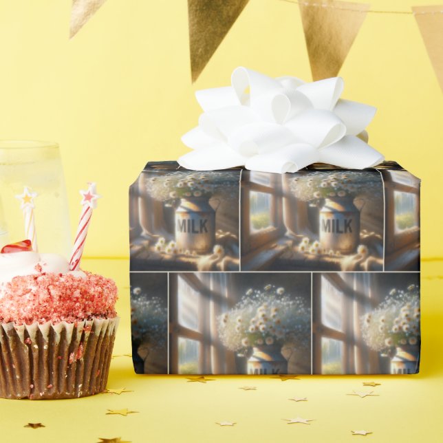 Papel De Presente Lata velha de leite com Buquê margarida (Festa de aniversário)