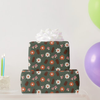 Papel De Presente Lava-de-cozinha-branca com flores, cogumelo e pine