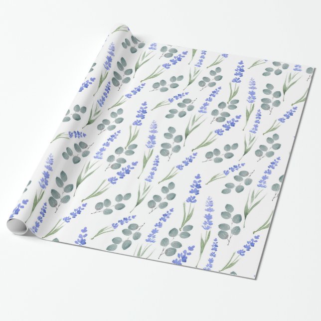 Papel De Presente Lavanda de aquarela e padrão Eucalyptus (Desenrolado)