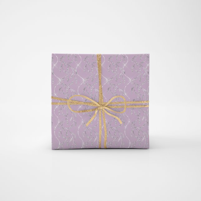 Papel De Presente Lavanda PurpleSpark Laurel Floral Silver Diamantes (Lavender PurpleSpark Laurel Floral Silver Diamonds Wrapping Paper)