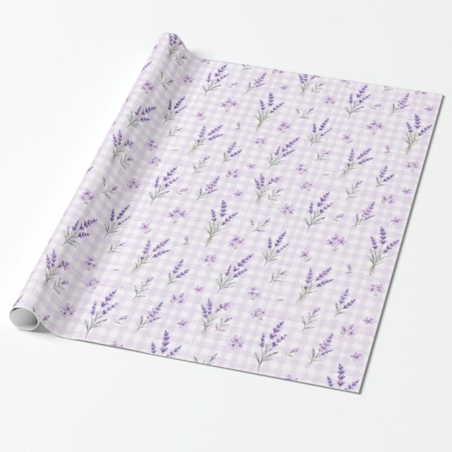 Papel De Presente Lavanda Roxo Xadrez Aguarela Floral Presente Emb (Desenrolado)