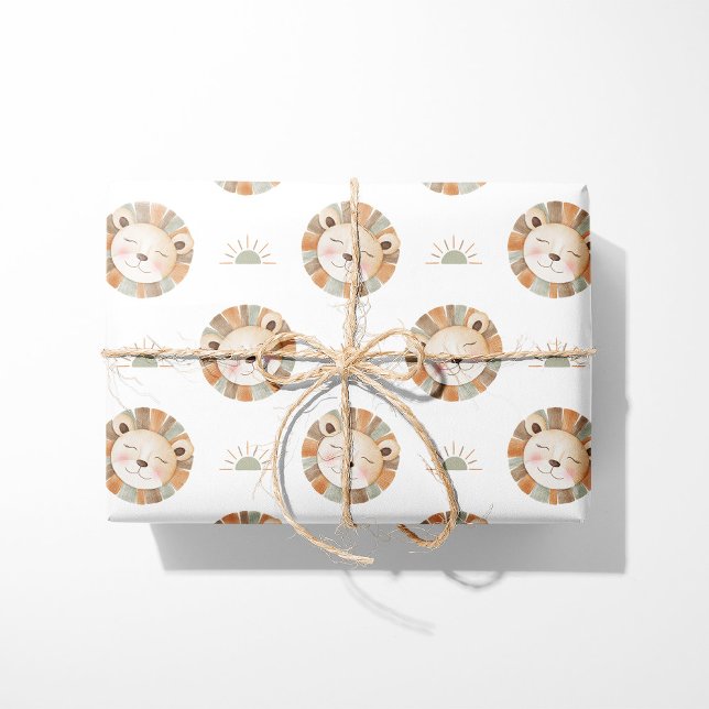 Papel De Presente Leão e Sol Aquarela - Neutro - Safari Animal (Criador carregado)